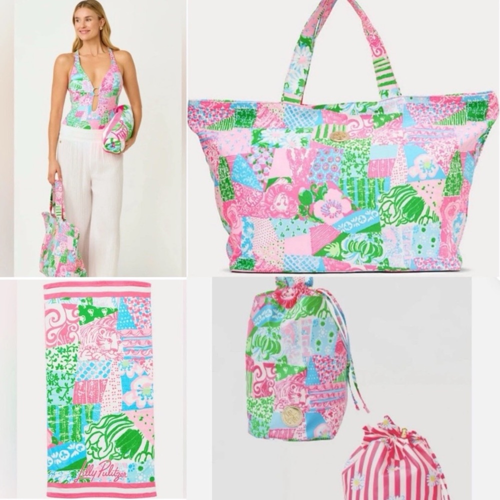Lilly Pulitzer Crazy quilt tote, towel and set of 2 pool pouches New with tags
